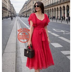 ZARA Blogger Fave Fuchsia Eyelet Ruffle Midi Dress NWT